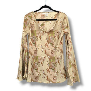 Vintage Ruffles Women's Boho Crinkle Fabric Floral Split Neck Flare Sleeve Top‎
